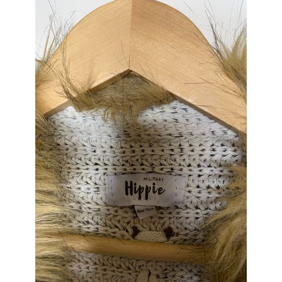 MIlitary Hippie Womens One Size Cardigan Sweater Gray Faux Fur Trim Open Front - Picture 6 of 7